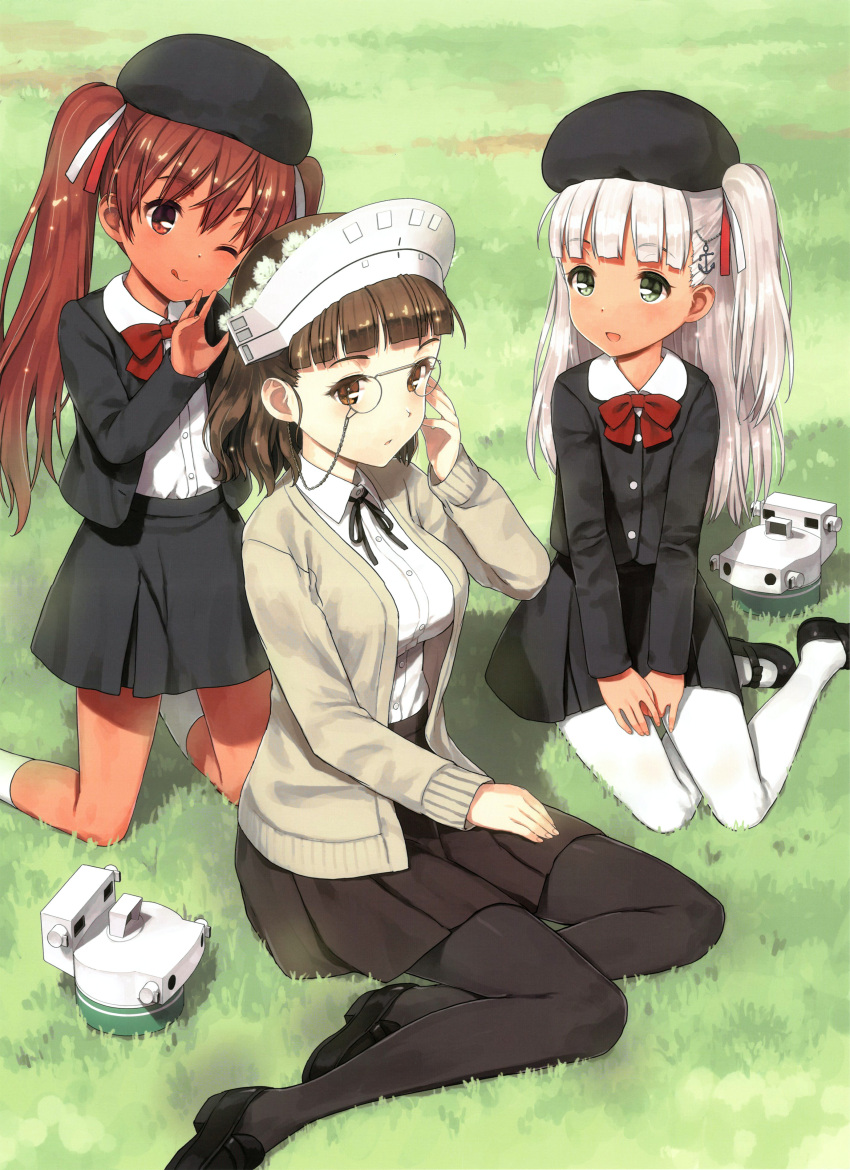 absurdres, anchor_hair_ornament, bangs, beret, black_dress, blunt_bangs, breasts, brown_eyes
