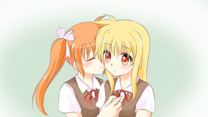 2girls, blonde_hair, blush, closed_eyes, couple, fate_testarossa, hair_ornament, hair_ribbon
