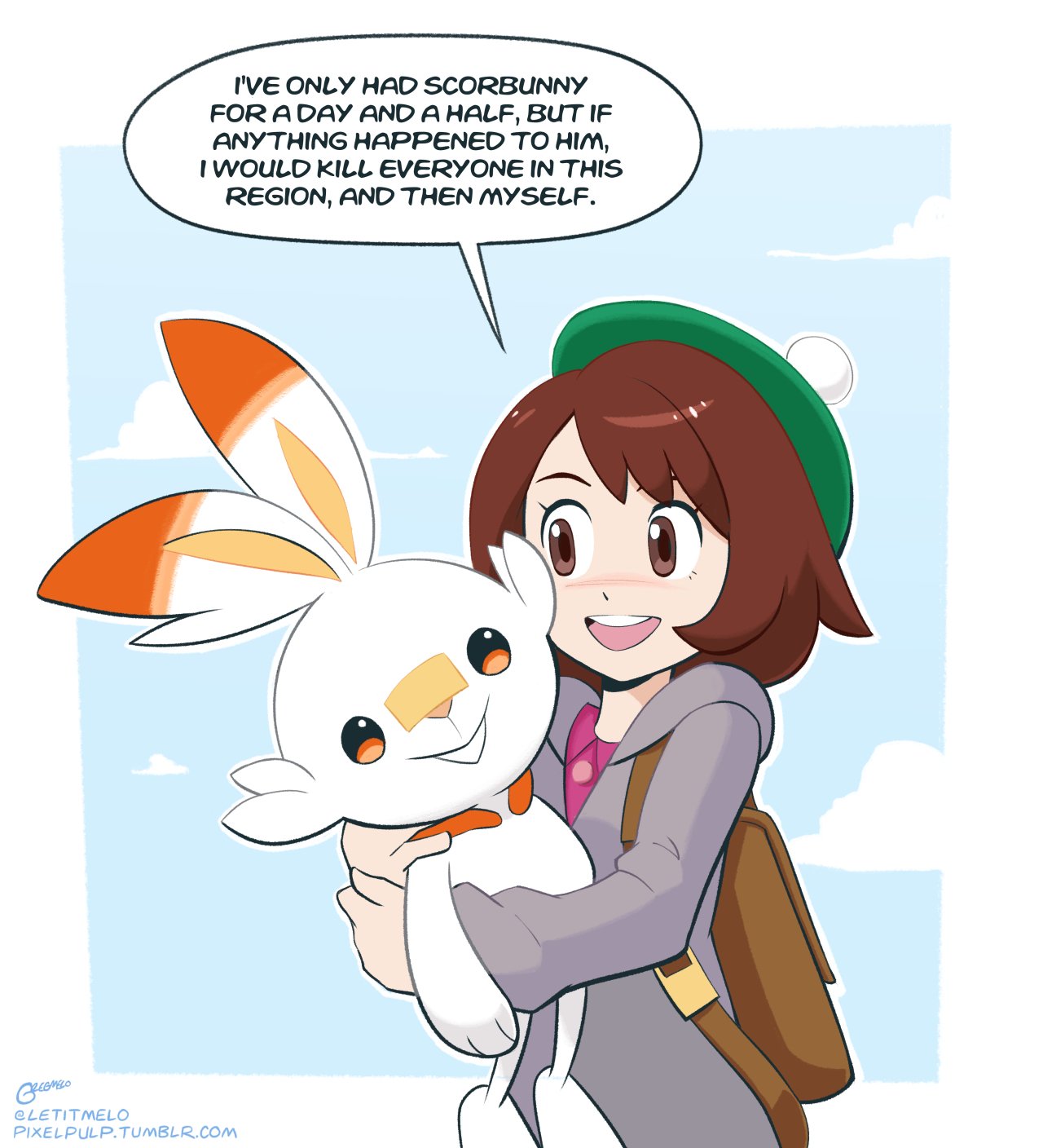 1girl, animal_ears, blush, brooklyn_nine-nine, brown_eyes, brown_hair, creatures_(company), english_text, female_protagonist_(pokemon_swsh), game_freak, gen_8_pokemon, green_hat, hat, highres, hug, i've_only_had_arlo_for_a_day_and_a_half, nintendo, open_mouth, pixelpulp, pokemon, pokemon_(creature), pokemon_(game), pokemon_swsh, rabbit, rabbit_ears, scorbunny, short_hair, simple_background, smile, tam_o'_shanter, tumblr_username, white_background