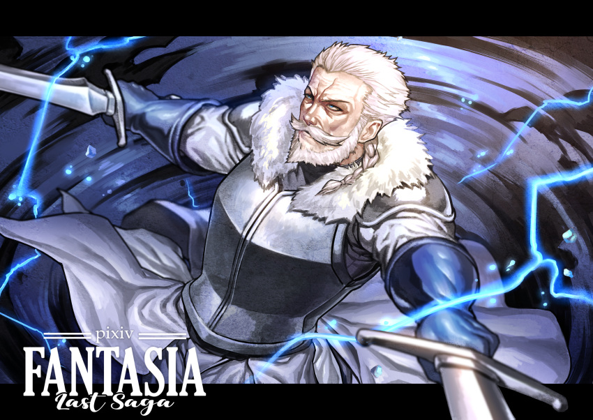 1boy, aiden_the_holy_sword, armor, beard, blue_eyes, blue_gloves, braid, copyright_name