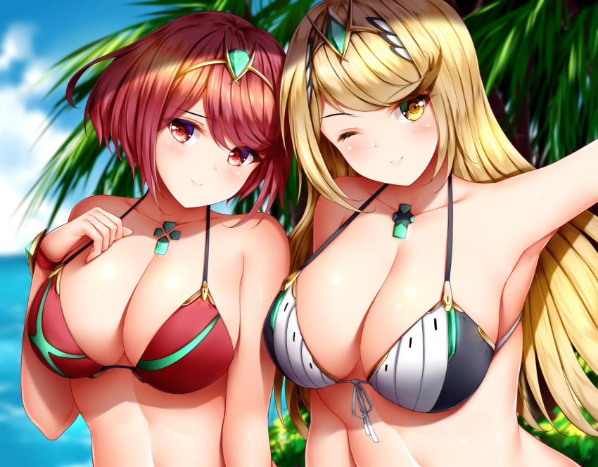 2girls, armpits, bangs, bare_shoulders, beach, bikini, blonde_hair, blue_sky