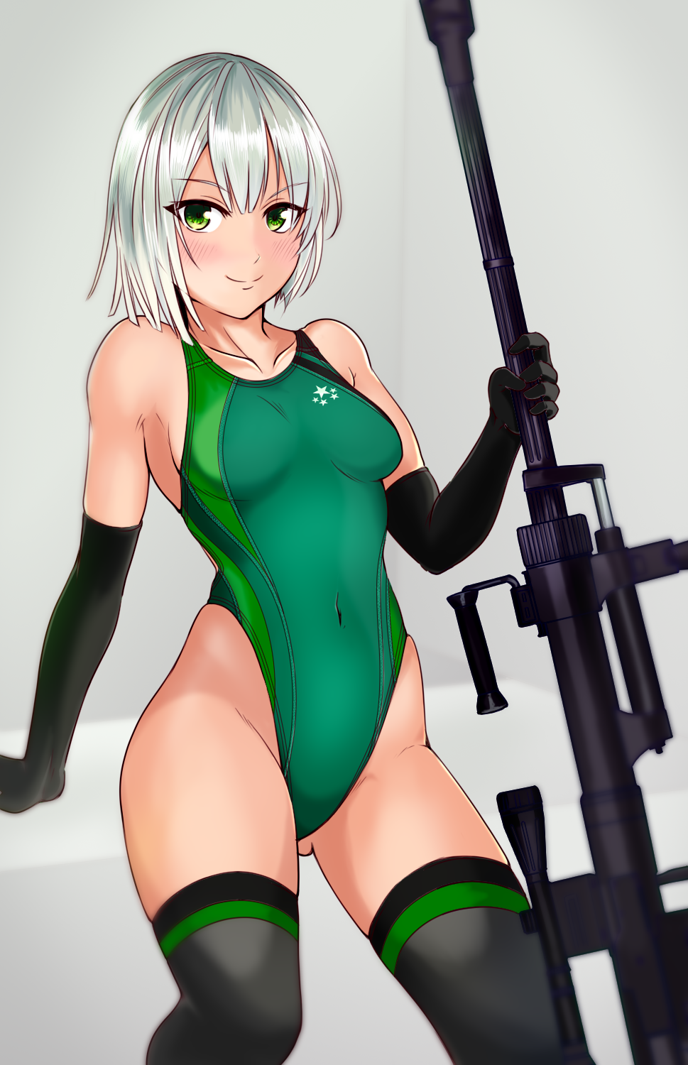 1girl, aiuchi, bangs, black_gloves, black_legwear, commentary_request, competition_swimsuit, elbow_gloves