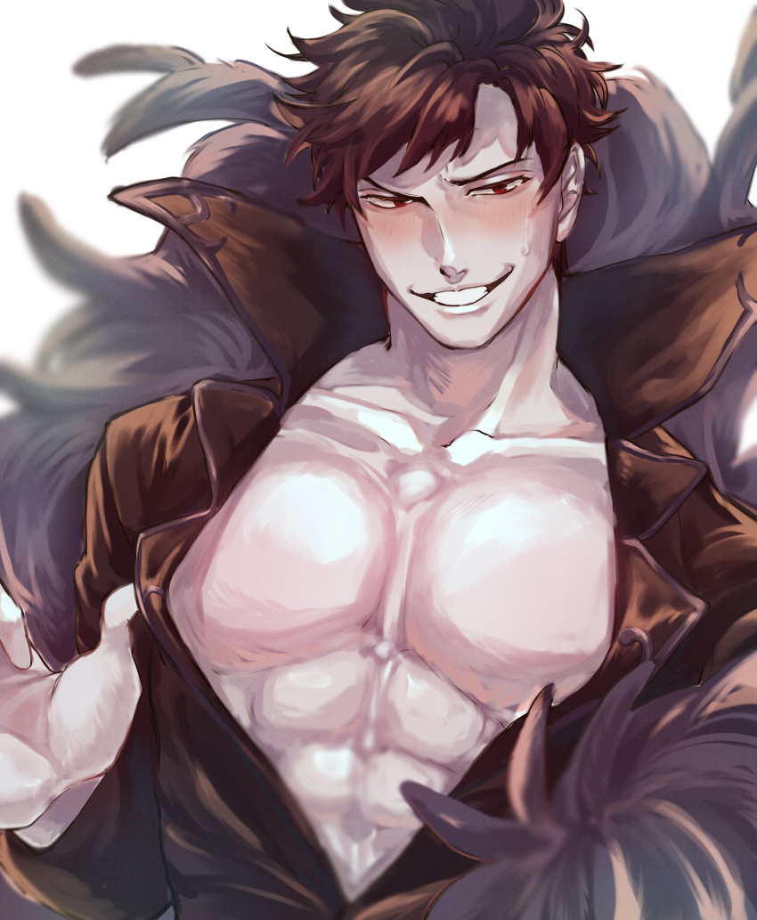 1boy, abs, belial_(granblue_fantasy), black_hair, feather_boa, granblue_fantasy, grin, highres
