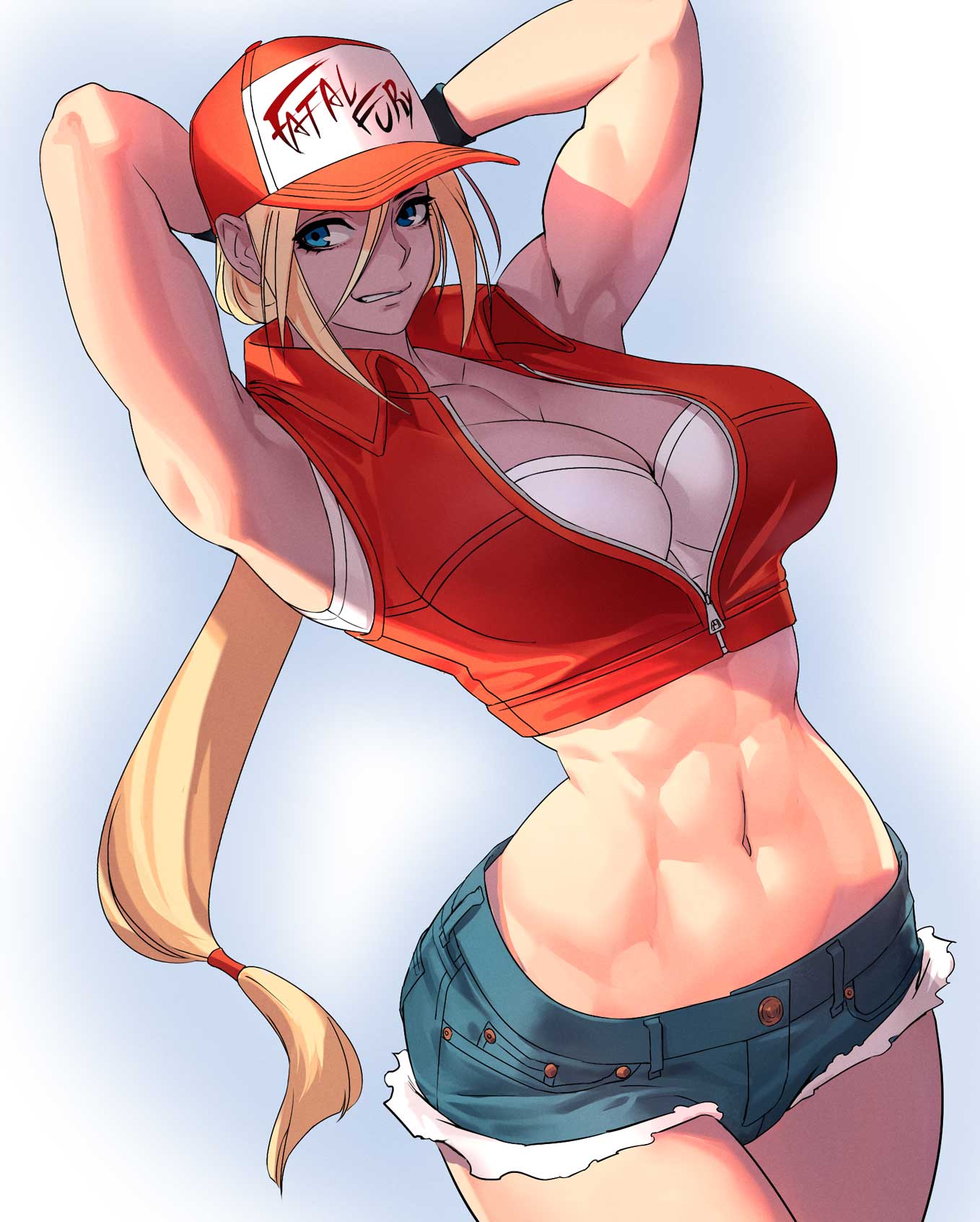 1girl, abs, armpits, arms_behind_head, baseball_cap, blonde_hair, blue_eyes, breasts, commentary_request, denim, denim_shorts, fatal_fury, genderswap, genderswap_(mtf), gloves, hat, highres, jacket, large_breasts, long_hair, midriff, muscle, muscular_female, navel, ogami, ponytail, shirt, shorts, sleeveless, sleeveless_shirt, snk, snk_heroines:_tag_team_frenzy, solo, tank_top, terry_bogard, the_king_of_fighters, thighs, vest