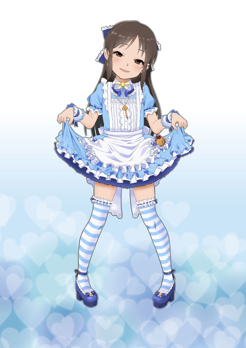 1girl, absurdres, apron, artist_request, bangs, blue_bow, blue_footwear, blush