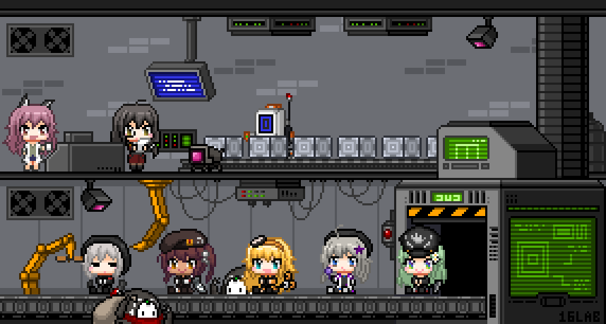 6+girls, aa-12_(girls_frontline), animal_ears, assembly_line, beret, cat_ears, closed_eyes, computer