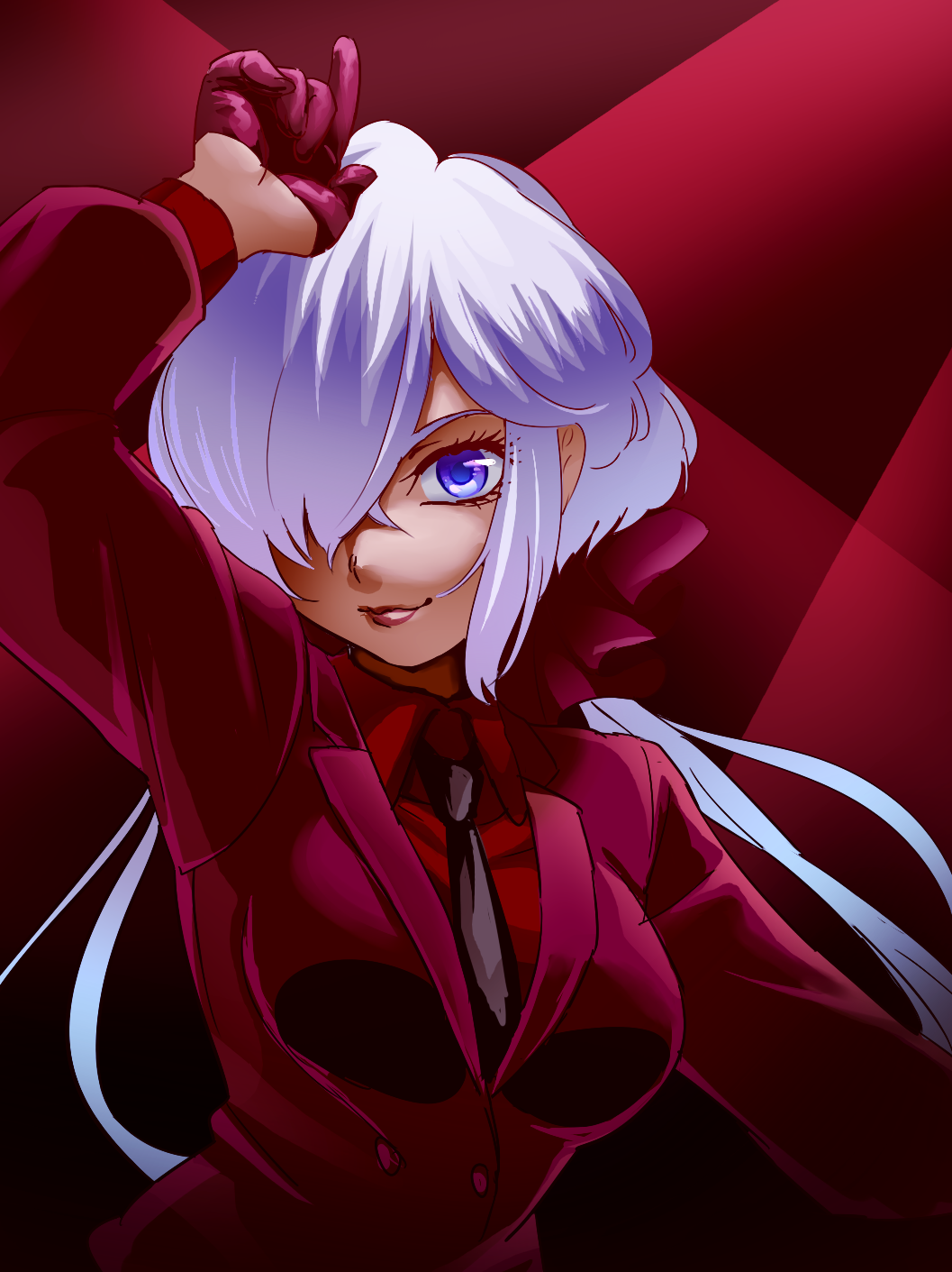 1girl, alternate_costume, breasts, collared_shirt, double-breasted, eyelashes, formal, gloves
