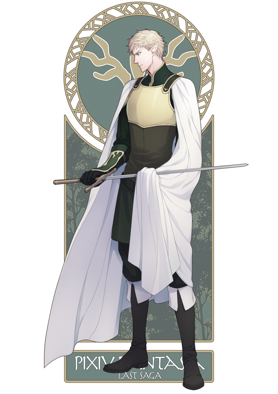 1boy, armor, black_footwear, black_gloves, blue_eyes, cape, copyright_name, elion_the_king_of_spirits