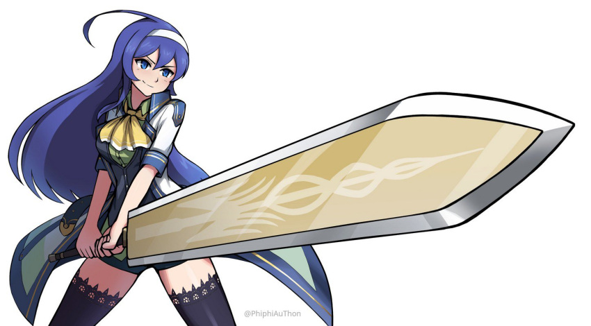 1girl, ahoge, black_legwear, blue_eyes, blue_hair, cosplay, crossover, eiyuu_densetsu