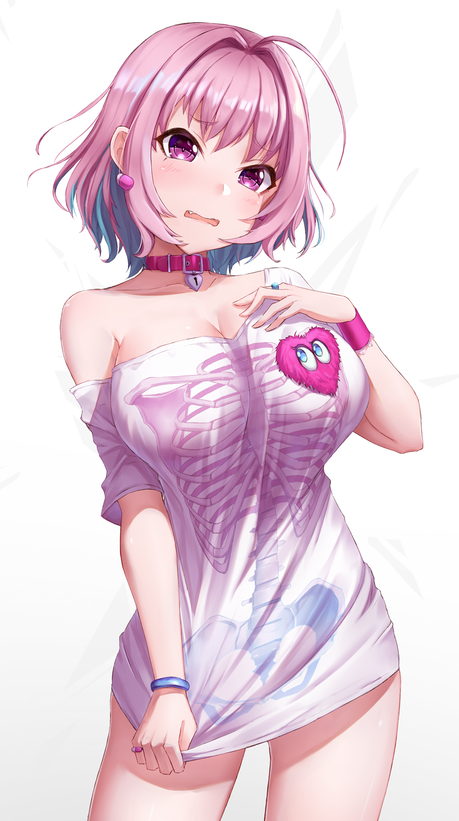 1girl, ahoge, bare_shoulders, blue_hair, bracelet, breasts, cleavage, collarbone