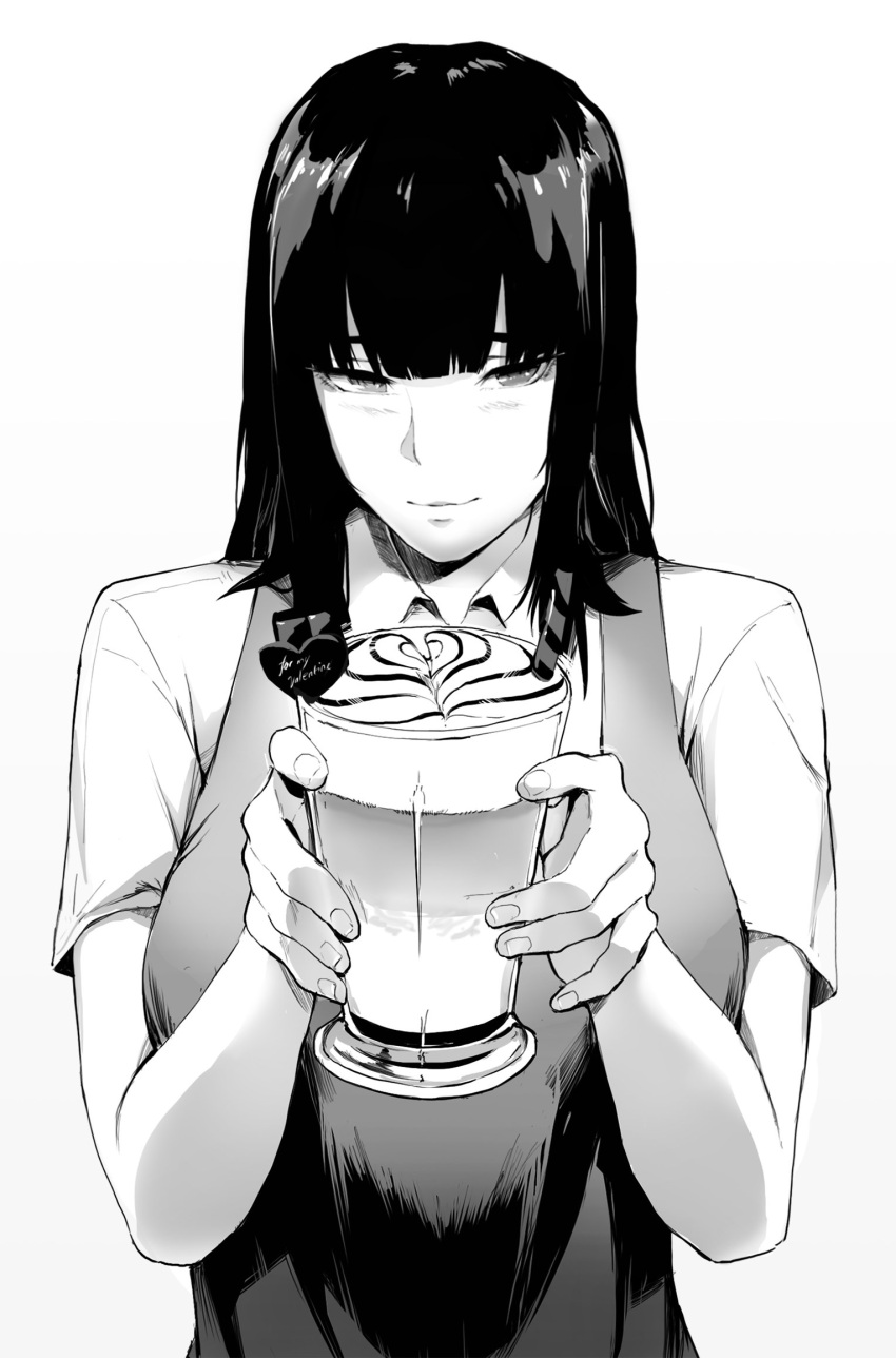 1girl, bangs, barista, blunt_bangs, cappuccino_(drink), collared_shirt, commentary, cup