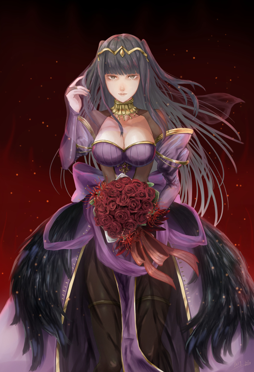 1girl, absurdres, adjusting_hair, alternate_costume, black_feathers, black_hair, black_legwear, bouquet, breasts, bridal_gauntlets, bride, cleavage, collarbone, dark_background, detached_sleeves, dress, embers, feathers, fire_emblem, fire_emblem:_kakusei, fire_emblem_heroes, flower, highres, jewelry, large_breasts, nintendo, pantyhose, purple_dress, red_background, rose, shawl, spider_lily, standing, tharja, wedding_dress, yuuyou_(link1357zelda)