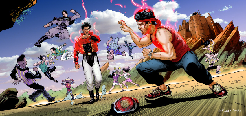 3girls, 6+boys, absurdres, alpha_5, battle, black_hair, brown_eyes, commentary