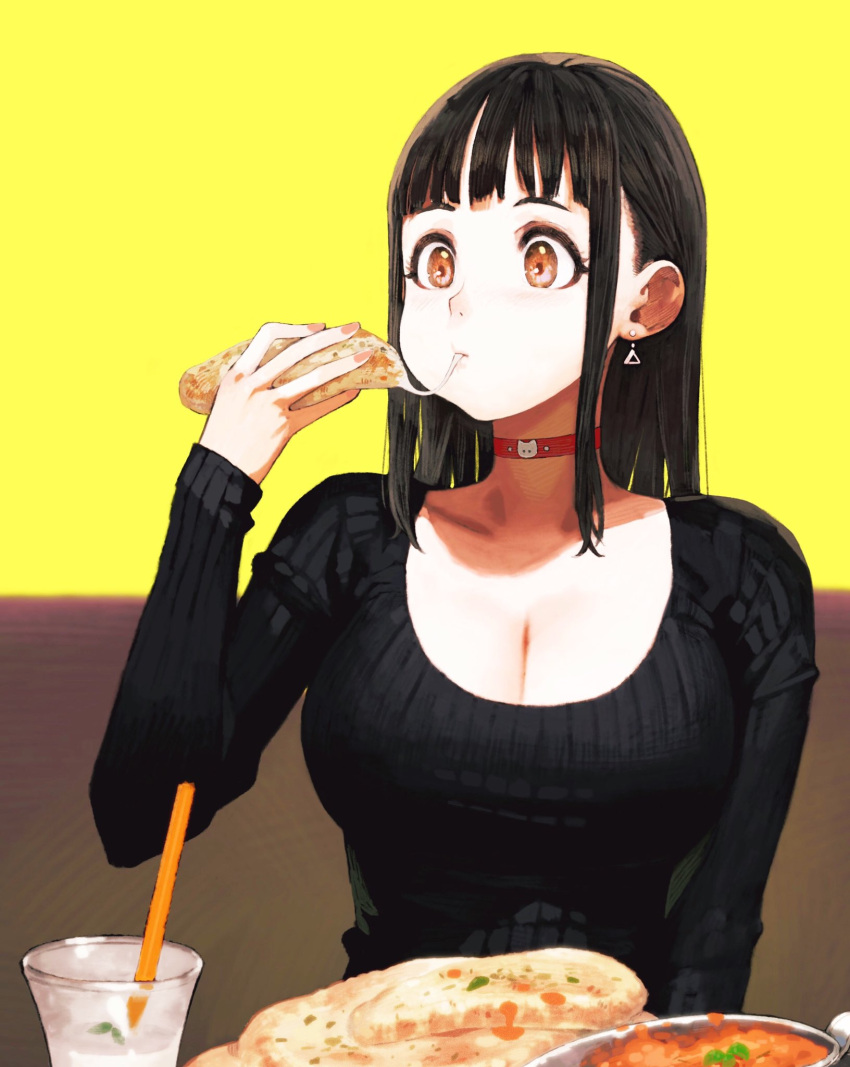 1girl, bangs, black_hair, black_sweater, blunt_bangs, blush, breasts, brown_eyes, choker, cleavage, cup, curry, drinking_glass, drinking_straw, earrings, eyelashes, food, food_in_mouth, gravy_boat, highres, jewelry, jun_(seojh1029), long_hair, naan_bread, original, plate, sleeves_past_wrists, solo, sweater
