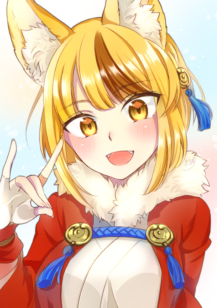 1girl, alto2019, animal_ears, blonde_hair, brown_hair, fangs, fingerless_gloves, fire_emblem