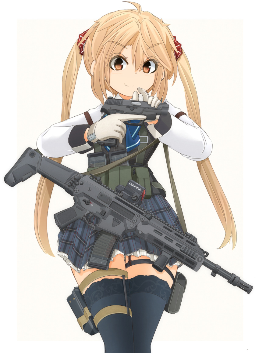 1girl, ahoge, bangs, belt, black_legwear, black_vest, blonde_hair, blue_neckwear, blue_skirt, body_armor, bow, bowtie, brown_eyes, closed_mouth, commentary_request, cowboy_shot, dress_shirt, eyebrows_visible_through_hair, gloves, gun, hair_ornament, hair_scrunchie, handgun, highres, holding, holding_gun, holding_weapon, holster, ichigotofu, logo, long_hair, long_sleeves, looking_at_viewer, magazine_(weapon), miniskirt, msbs_radon, original, partial_commentary, petticoat, plaid, plaid_skirt, pleated_skirt, red_scrunchie, school_uniform, scrunchie, shirt, simple_background, skirt, smile, solo, standing, thigh-highs, thigh_gap, thigh_holster, thigh_strap, trigger_discipline, twintails, utility_belt, vest, weapon, white_background, white_gloves, white_shirt, zettai_ryouiki
