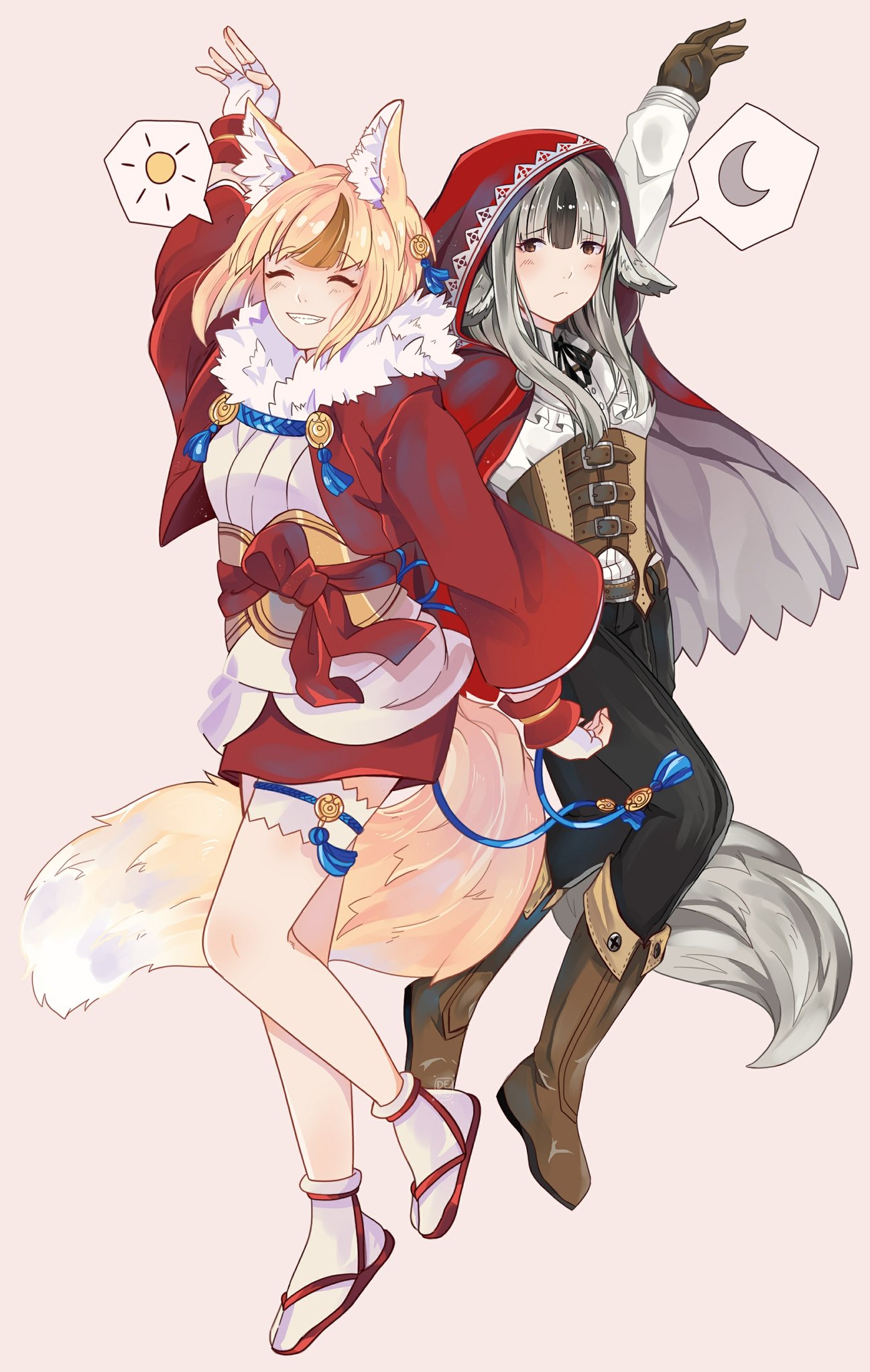 2girls, animal_ears, arm_up, belt, black_hair, black_pants, blonde_hair, boots