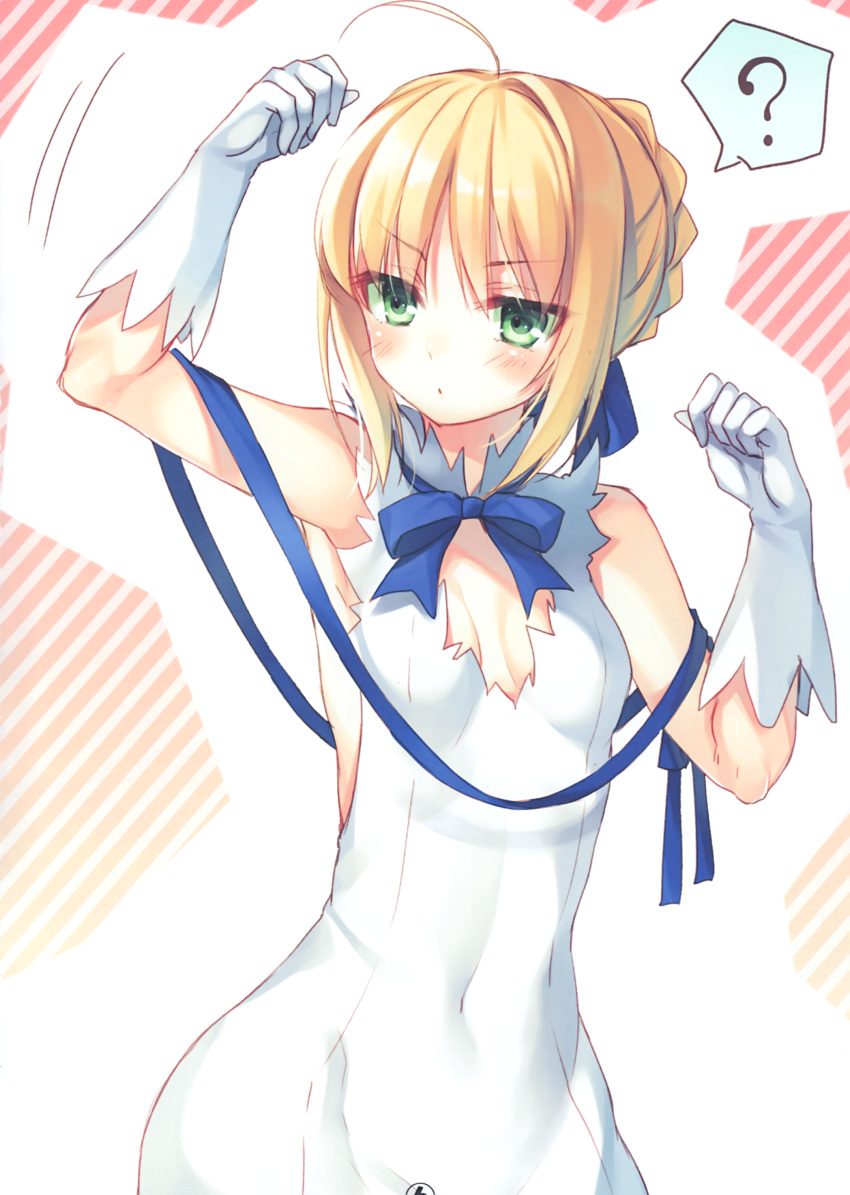 1girl, ?, absurdres, ahoge, artoria_pendragon_(all), backless_dress, backless_outfit, blonde_hair