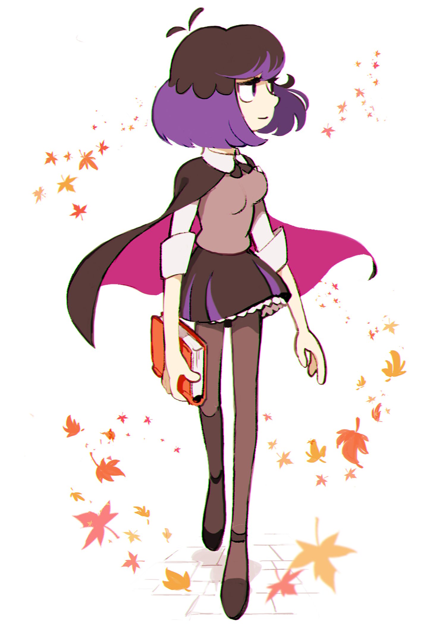 black_hair, bob_cut, book, cape, highres, hilda, leaf, leaves_in_wind