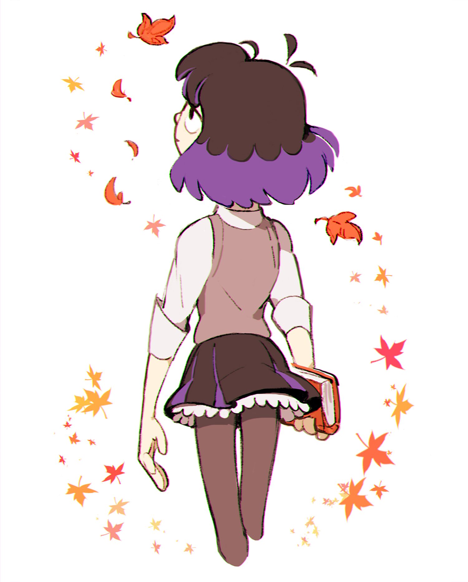 black_hair, bob_cut, book, from_behind, highres, hilda, leaf, leaves_in_wind