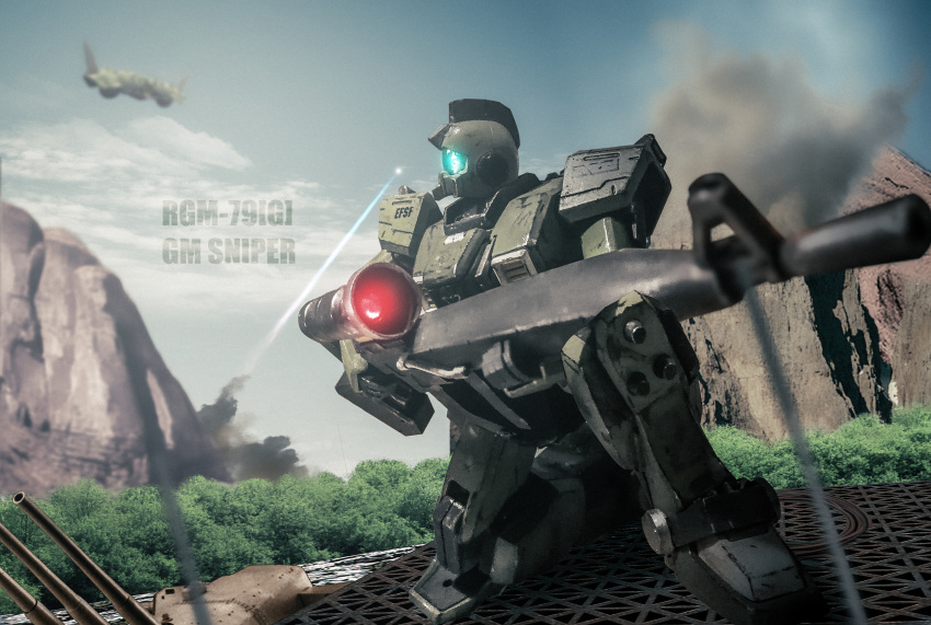 absurdres, apsalus_ii, forest, gm_sniper, gundam, gundam_08th_ms_team, highres, huge_filesize, mecha, mobile_suit, mobile_suit_gundam, mountain, nature, outdoors, rippi_kuriya