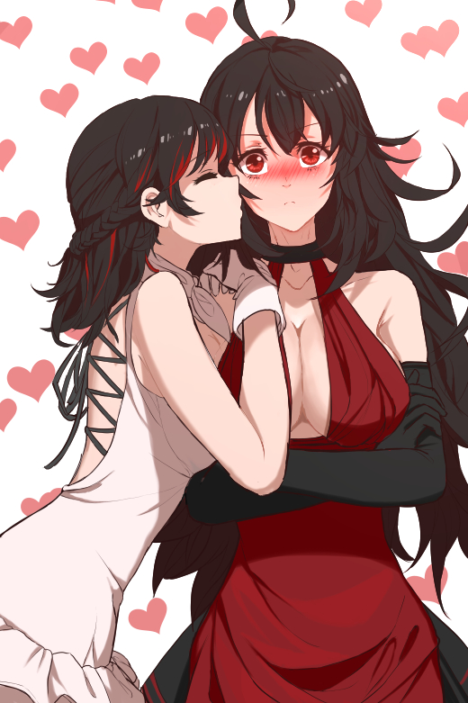 2girls, ahoge, black_gloves, black_hair, blush, breasts, cheek_kiss, commentary