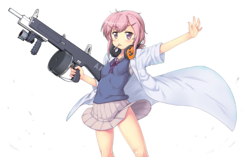 1girl, aa-12, earmuffs, earmuffs_around_neck, gun, hair_ornament, hairclip, hase_yu