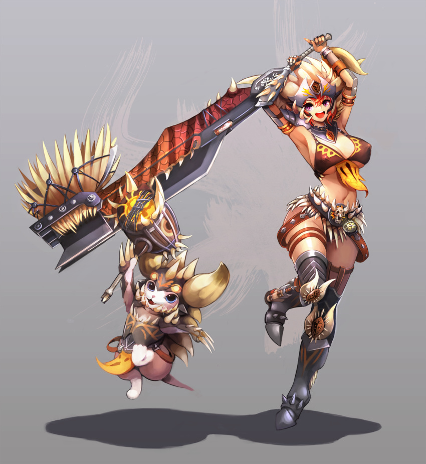 1girl, bikini, breasts, felyne, hammer, highres, large_breasts, monster_hunter