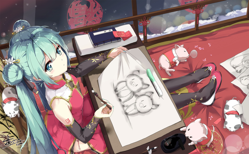 1girl, aqua_eyes, aqua_hair, artist_name, bangs, china_dress, chinese_clothes, detached_sleeves