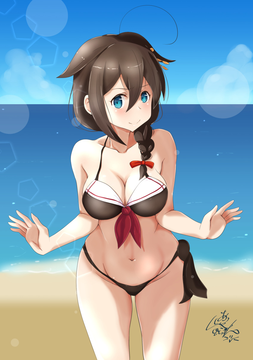 1girl, absurdres, adapted_costume, ahoge, beach, bikini, black_hair, black_serafuku