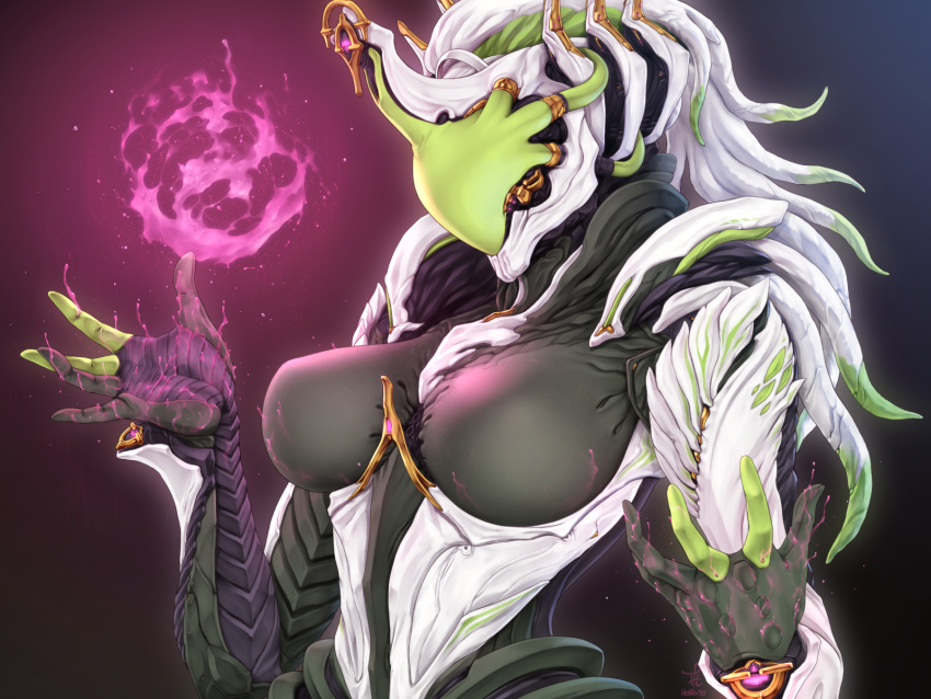 1girl, armor, breasts, full_armor, gradient, gradient_background, helmet, highres, horiishi_horuto, large_breasts, saryn_prime_(warframe), solo, warframe