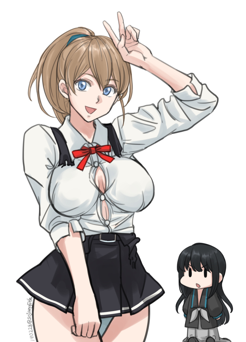 2girls, asashio_(kantai_collection), asashio_(kantai_collection)_(cosplay), black_hair, black_shirt, blue_eyes, breasts, brown_hair