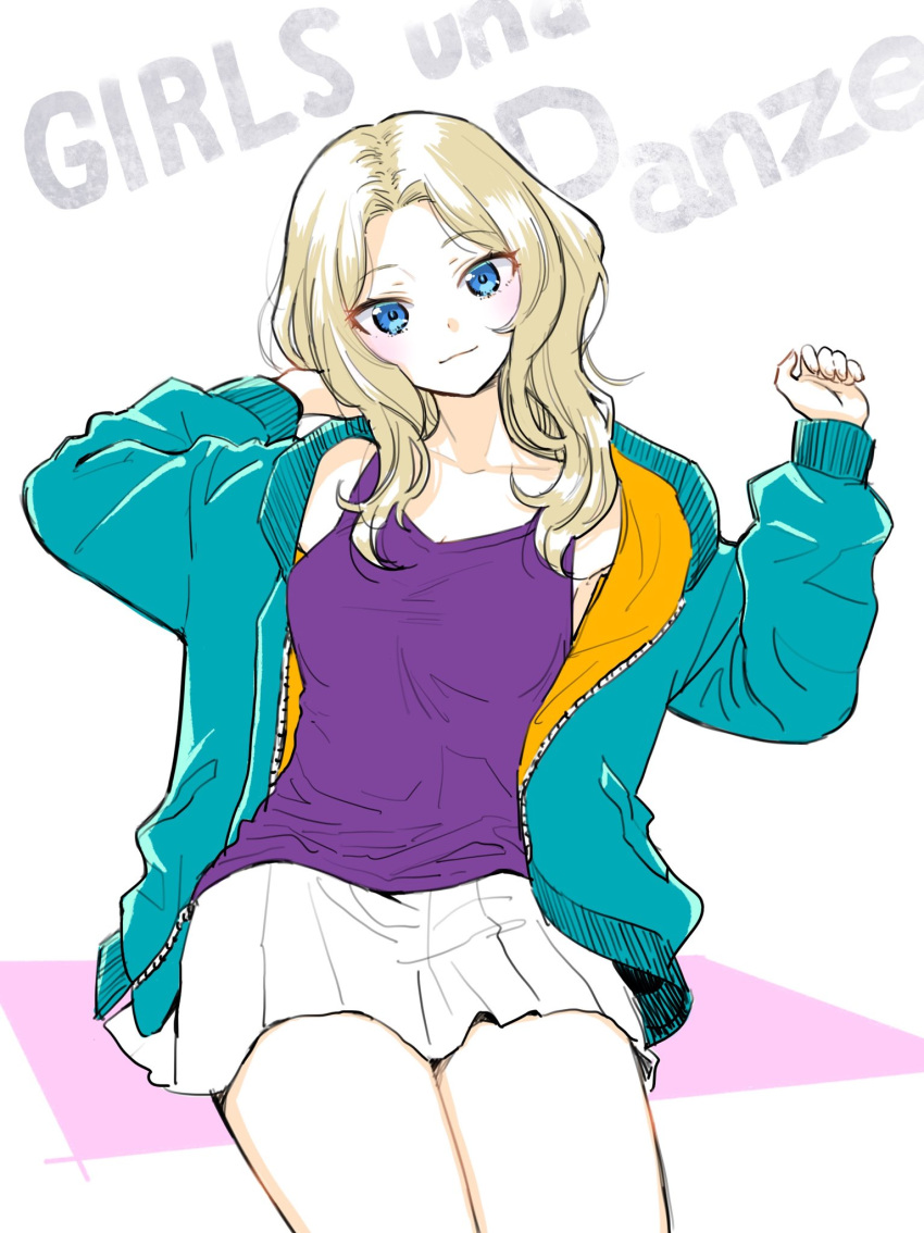 1girl, aqua_jacket, arms_up, blonde_hair, blue_eyes, camisole, casual, closed_mouth