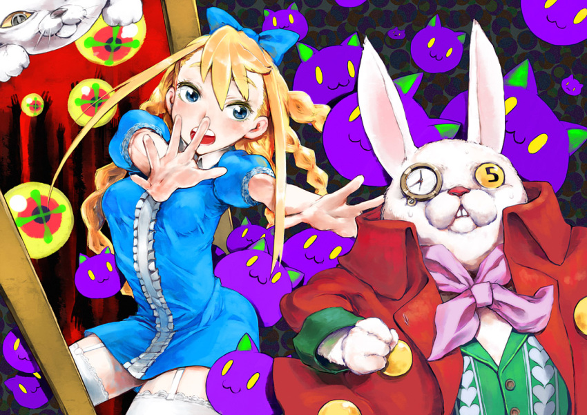 alice, alice_(wonderland), alice_in_wonderland, blonde_hair, blue_eyes, cheshire_cat, garters, outstretched_arm