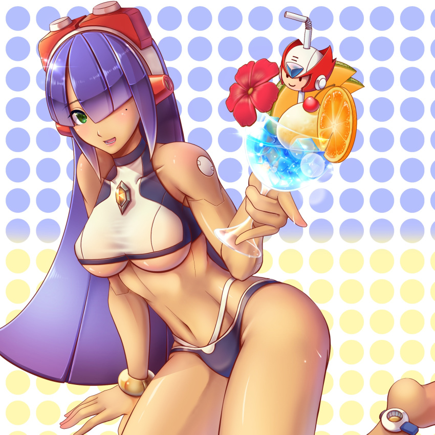 1girl, android, bangs, bikini, black_bikini_bottom, bracelet, breasts, capcom, cocktail, commentary_request, cup, dark_skin, drinking_glass, drinking_straw, glass, green_eyes, hair_over_one_eye, headgear, highres, holding, holding_cup, imo_konn_nyaku, jewelry, large_breasts, layer, layer_(mega_man), leaning_forward, long_hair, mega_man_(series), mega_man_x_(series), mole, open_mouth, polka_dot, polka_dot_background, purple_hair, robot_ears, robot_joints, rockman, rockman_x, smile, solo, swimsuit, under_boob, wine_glass, zero_(mega_man), zero_(rockman)