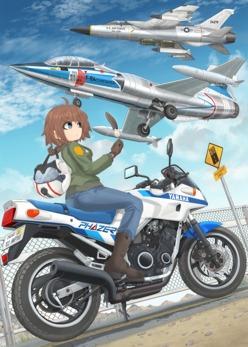 1girl, 3others, absurdres, aircraft, airplane, bangs, blue_eyes, blue_pants