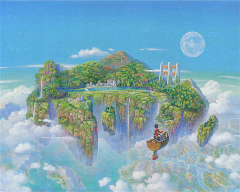 1other, above_clouds, acrylic_paint_(medium), ahoge, ambiguous_gender, black_hair, blue_pants, blue_sky, boat, bridge, brown_coat, clouds, coat, commentary, fantasy, floating_island, forest, from_behind, full_moon, fur-trimmed_coat, fur_trim, house, lake, moon, mountain, nature, ocean, original, pants, red_scarf, scarf, scenery, shiraishi_takashi, short_hair, sky, standing, tower, town, traditional_media, water, watercraft, waterfall, wide_shot