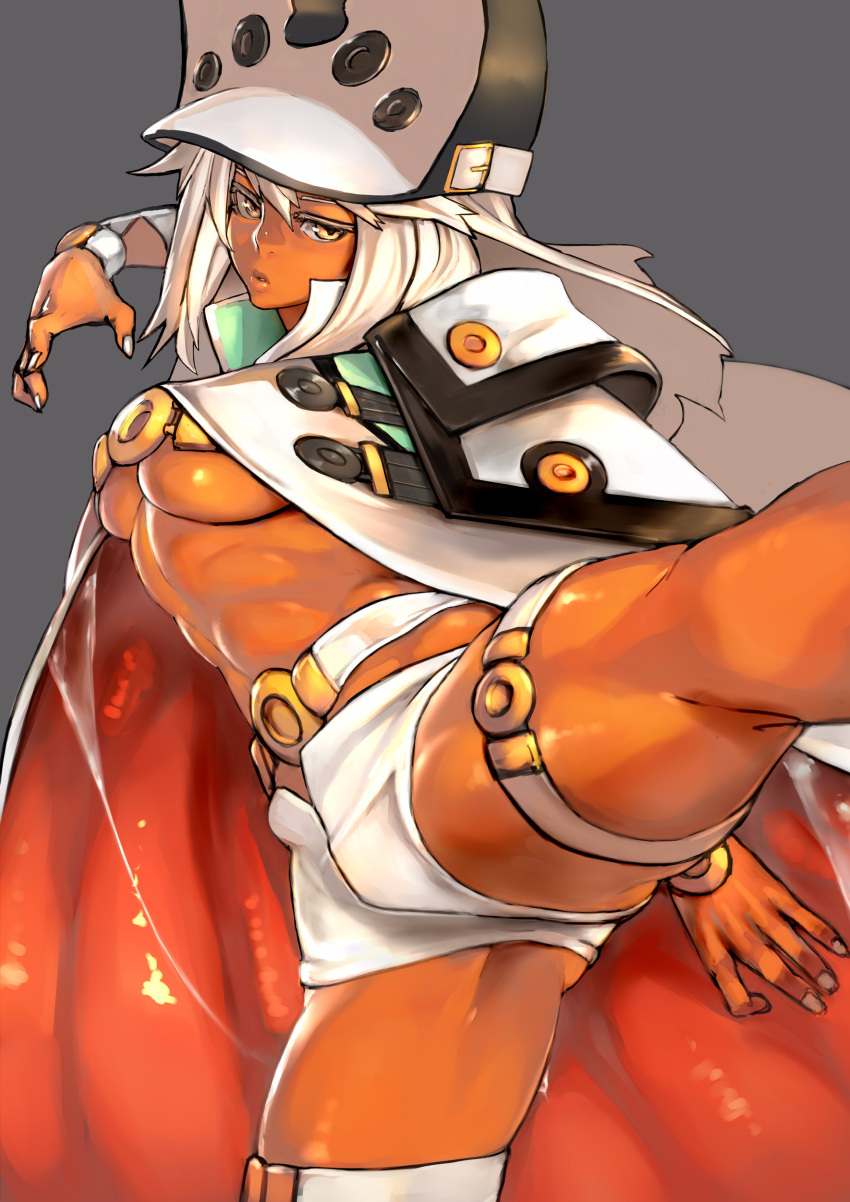 1girl, absurdres, belt, beltbra, breasts, cape, commentary, dark_skin