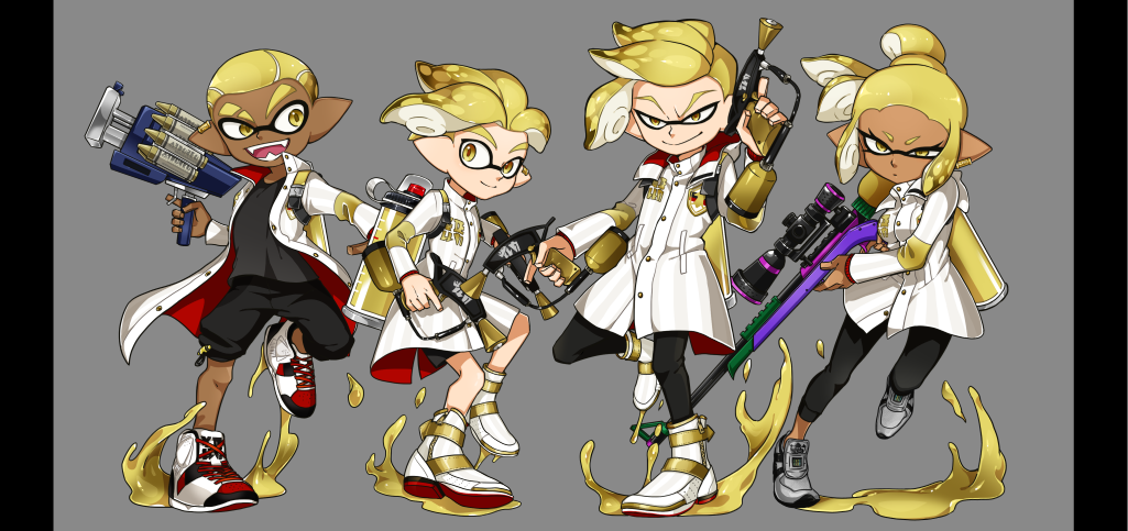 1girl, 3boys, black_pants, black_shirt, black_shorts, blonde_hair, boots, clash_blaster_(splatoon)