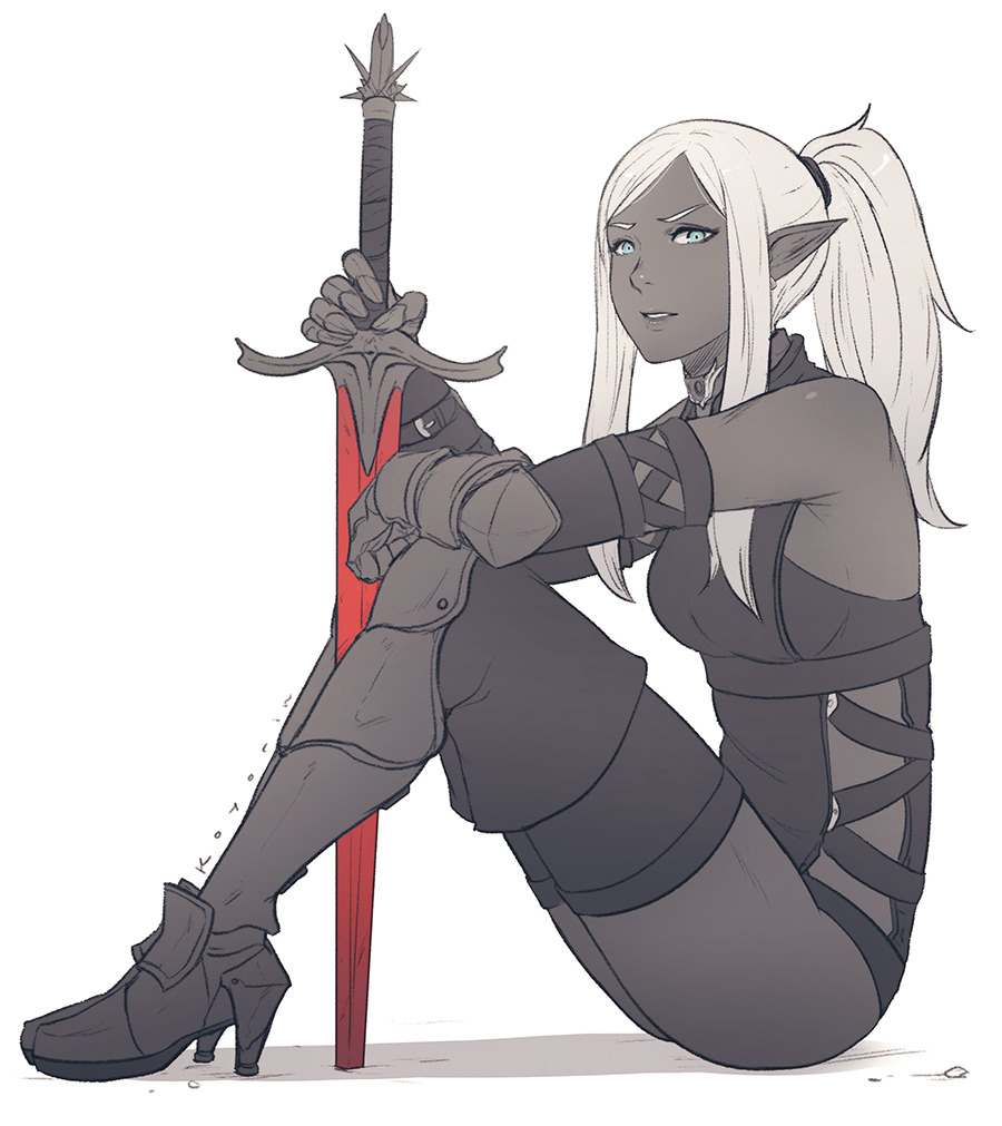 1girl, bare_shoulders, between_legs, breasts, commentary, dark_elf, elf, fantasy