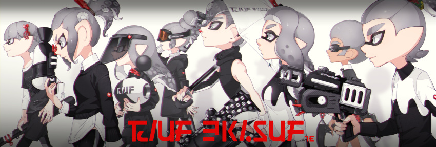 .52_gal_(splatoon), 3girls, 5boys, afro, bangs, black_coat, black_pants, black_shirt