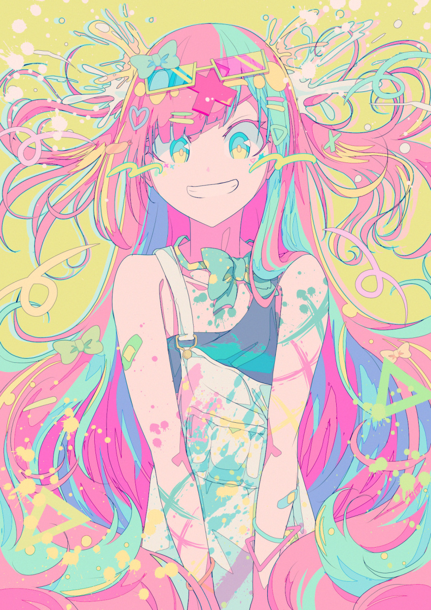 1girl, aqua_eyes, aqua_hair, aqua_neckwear, bandaid, bangs, bare_arms, bare_shoulders