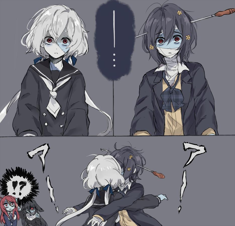!?, ..., 3koma, 4girls, bandage, blue_skin, bow, bumping, comic, drooling, empty_eyes, facial_scar, fire_poker, flower, hair_flower, hair_ornament, impaled, konno_junko, low_twintails, minamoto_sakura, mizuno_ai, multiple_girls, red_eyes, scar, twintails, yamada_tae, yuri, yuuyu_(777), zombie, zombie_land_saga