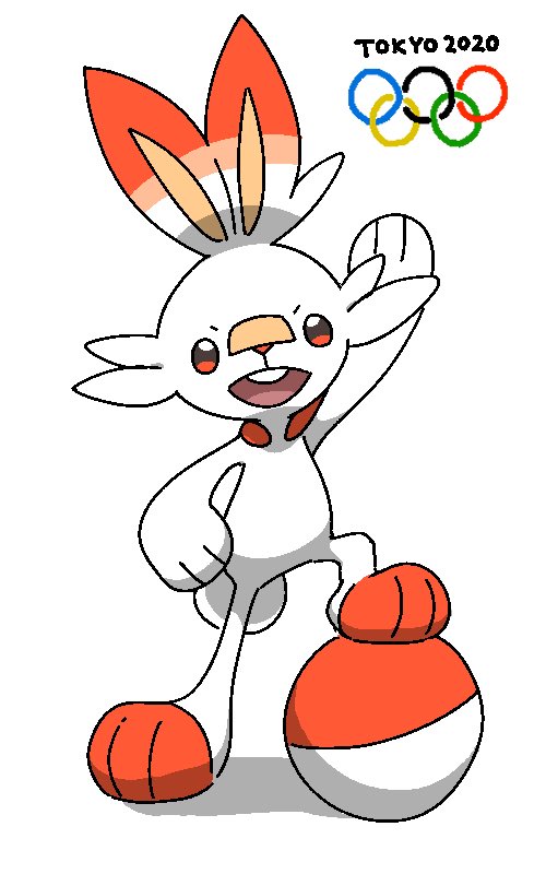 arm_up, ball, creatures_(company), game_freak, gen_8_pokemon, hand_on_hip, nintendo, olympic_rings, open_mouth, orange_eyes, oshiruko_(oshiruko_s2), pokemon, pokemon_(creature), scorbunny, simple_background, smile, soccer_ball, upper_teeth, white_background