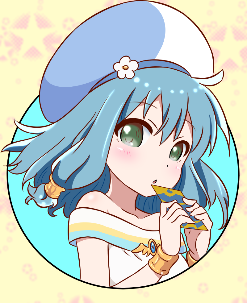1girl, ahoge, beret, blue_hair, blush, card, cocoa_maroon, commentary, endro!, green_eyes, hat, holding, meiza_endust, off_shoulder, simple_background, solo, upper_body