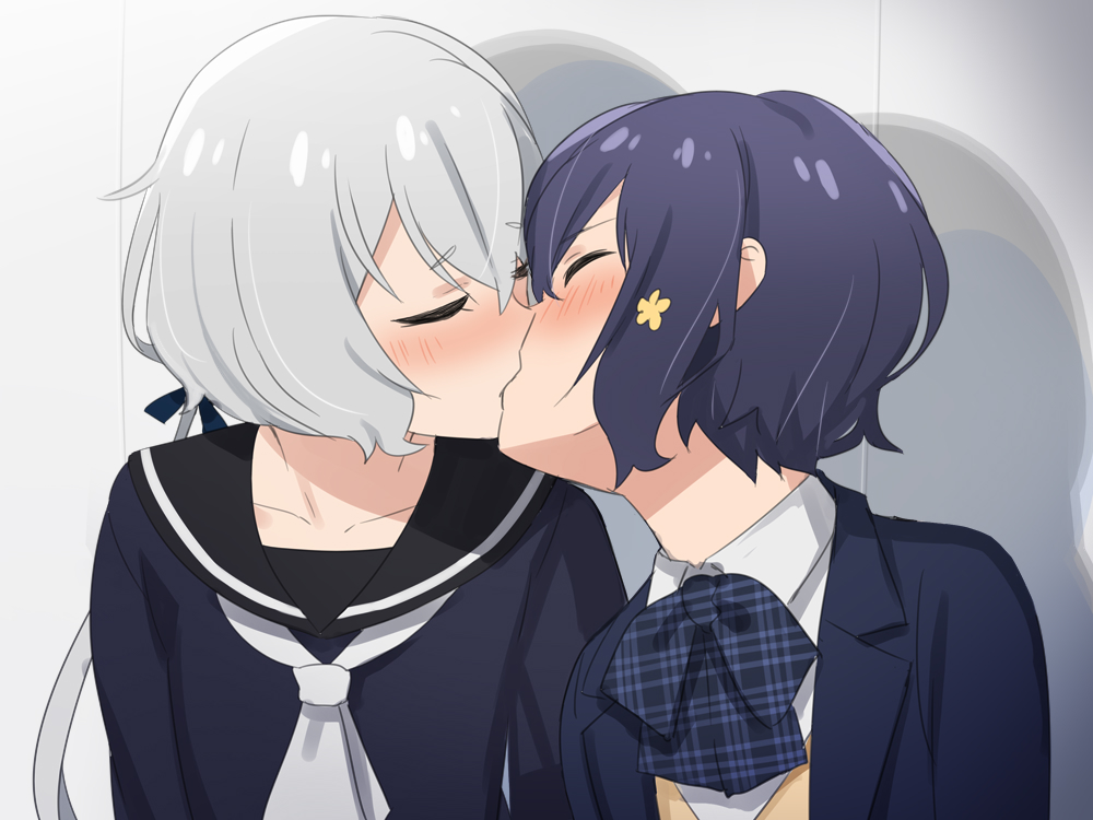 2girls, aumann, bangs, black_sailor_collar, blazer, blue_bow, blue_jacket, blue_neckwear