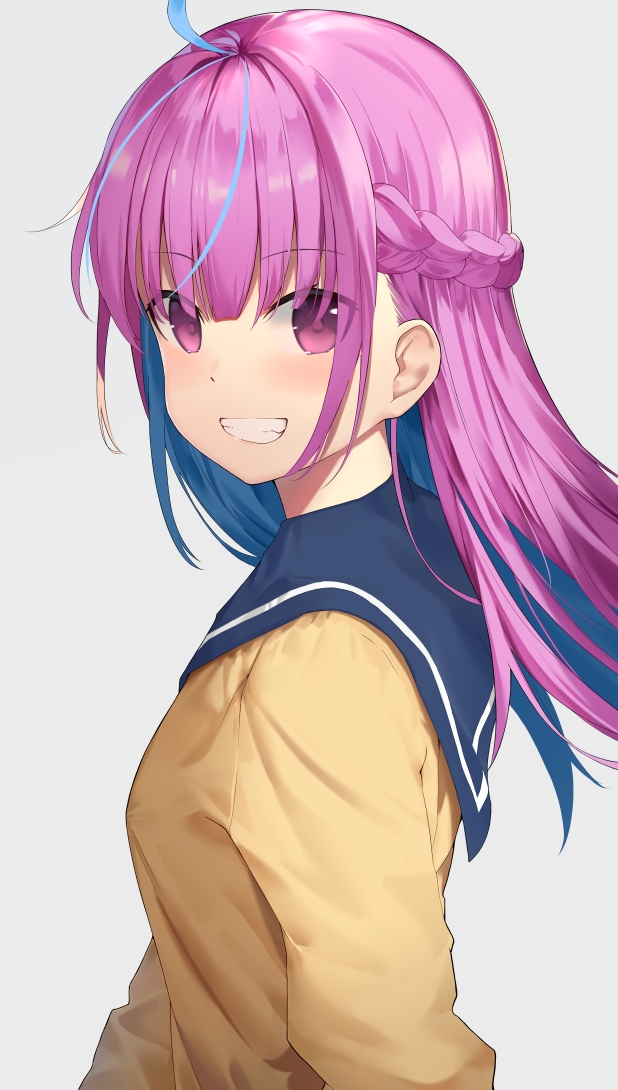 1girl, :d, ahoge, alternate_hairstyle, bangs, blue_hair, blue_sailor_collar, blush