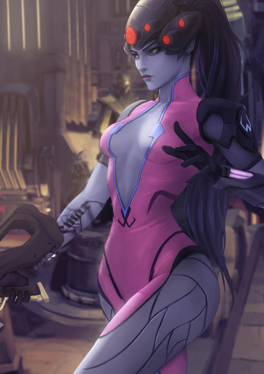 1girl, bebipawdah, black_gloves, bodysuit, breasts, center_opening, cowboy_shot, earrings