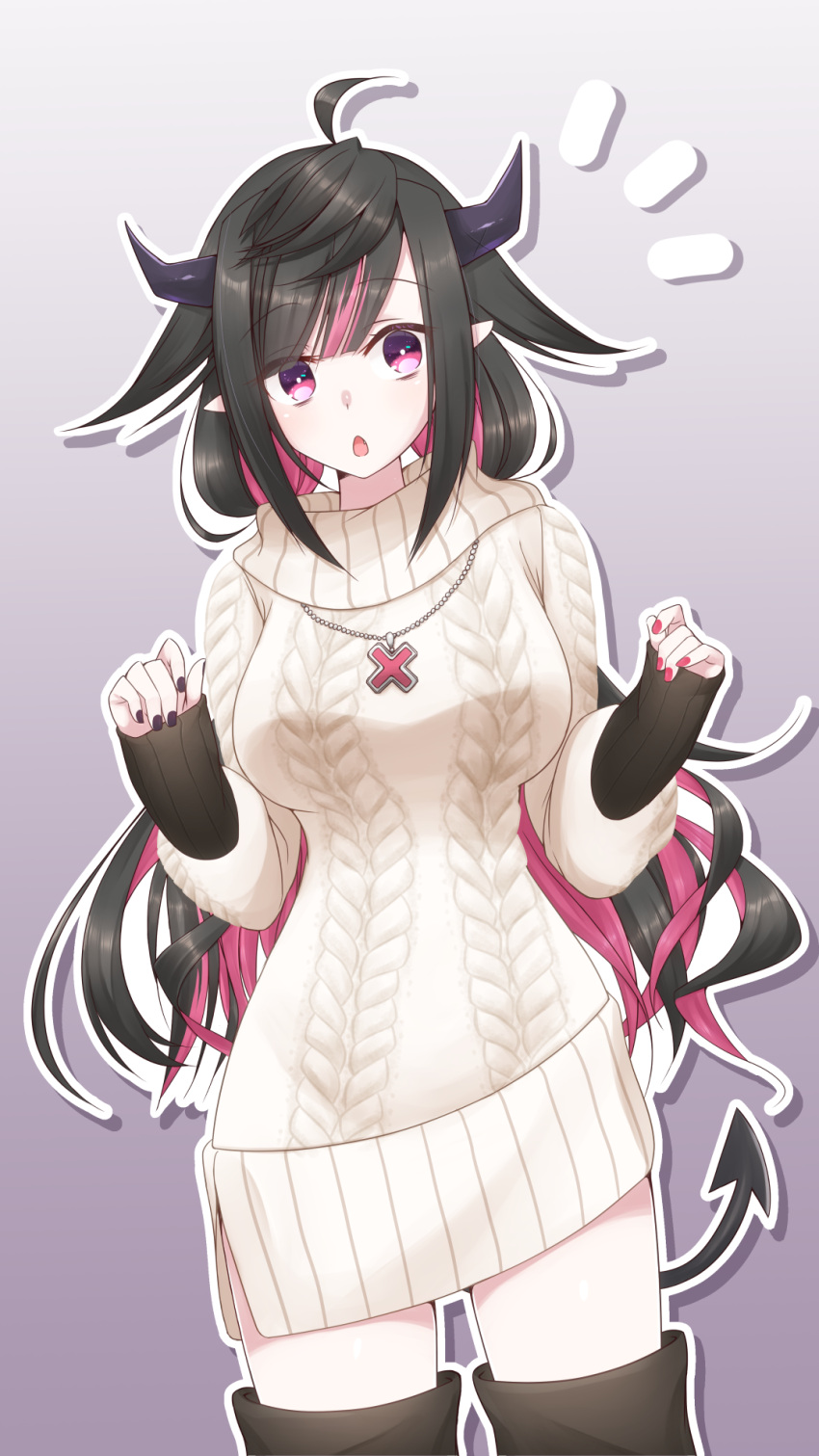 1girl, ahoge, bags_under_eyes, bangs, black_hair, blunt_bangs, boots, breasts, commentary, demon_girl, demon_horns, demon_tail, fang, gradient, gradient_background, hair_between_eyes, highres, horns, jewelry, kasumisometsuki, large_breasts, long_hair, long_sleeves, looking_at_viewer, multicolored_hair, necklace, nijisanji, open_mouth, pink_eyes, pink_hair, pointy_ears, purple_background, ribbed_sweater, simple_background, sleeves_past_wrists, solo, sweater, tail, thigh-highs, thigh_boots, thighs, two-tone_hair, very_long_hair, virtual_youtuber, yamiyono_moruru