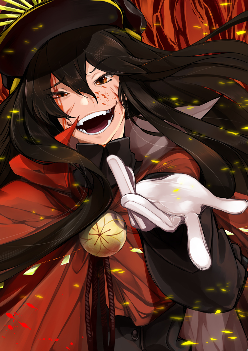 1girl, black_hair, black_hat, blood, blood_on_face, cape, commentary_request, emblem